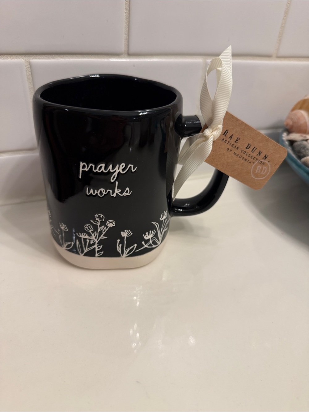 Rae Dunn Black and White Floral 'prayer works' Ceramic Mug